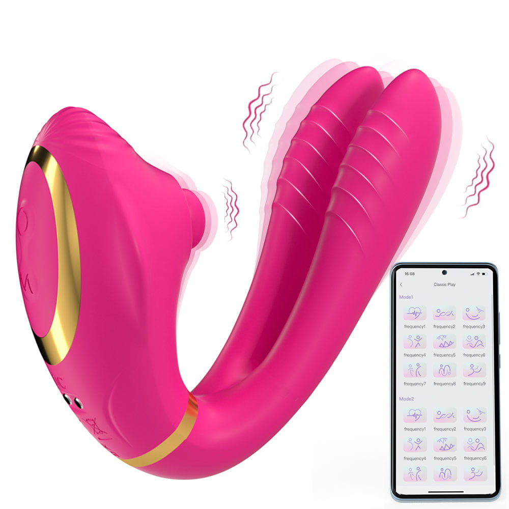 Rose-pink app-controlled dual-action personal massager with its companion app