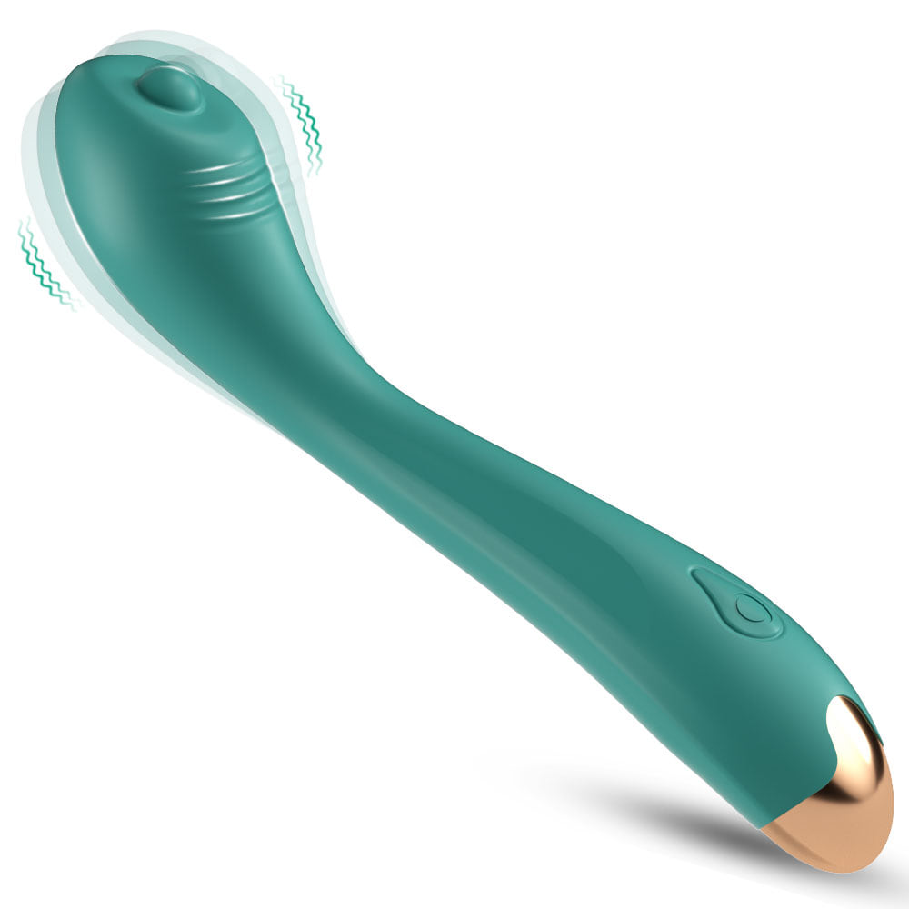 Bendable green personal massager shown at an angle